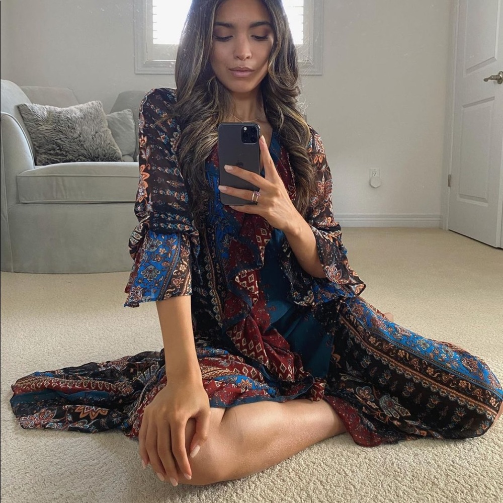 Zara Patchwork Pattern Flowy Boho Chic Multi Colour Midi Dress